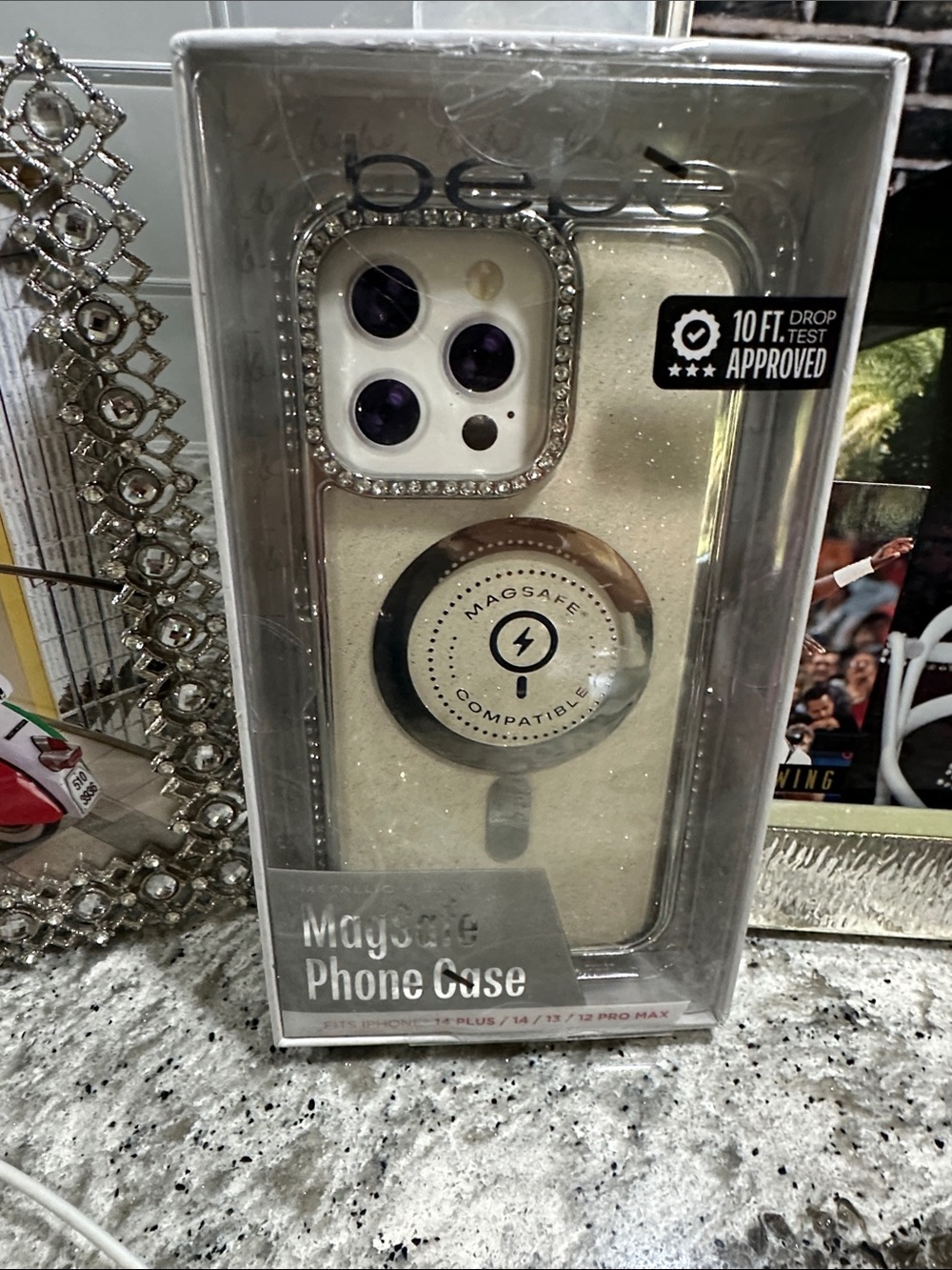 bebe Glitter MagSafe Phone Case with Rhinestone Camera Frame - Clear/Gold